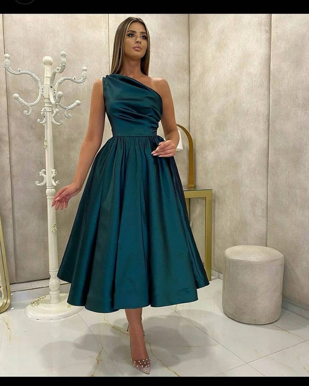 Elegent Silk Satin Peacock Blue Dress With Pleated Desing , Midi Dress