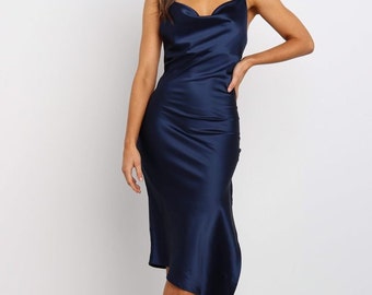 Royal silk satin navy blue slip dress ,slim fit silk dress , satin maxi , spaghetti strap silky dress .