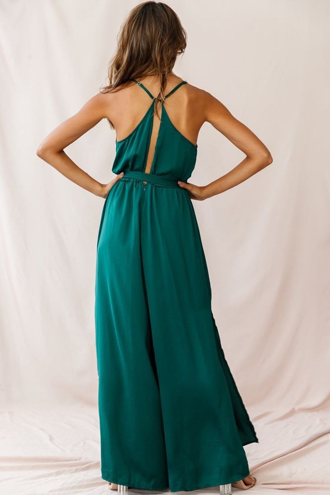 Emerald Green Silk Satin Jumpsuit Cowl Neck , Satin Cowlneck Dress ,satin Jumpsuit ,party Wear