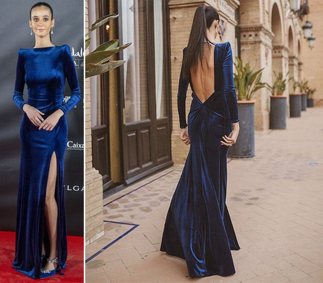 Sassy Navy Blue Silk Satin Long Dress , Red Carpet Dress With Open Back