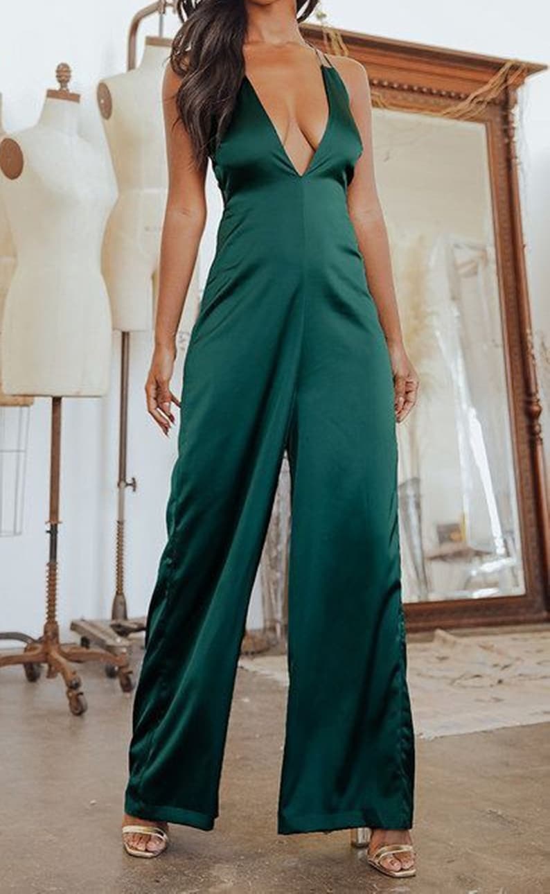 Emerald Green Silk Satin Jumpsuit Deep V-neck Dress satin - Etsy