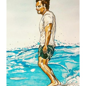 May include: A watercolor painting of a person surfing on a wave. The person is wearing a white t-shirt and dark shorts. The water is blue and green, and the sky is white.