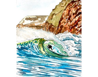 Surf art print. Surfing print. wave art. Surfer print. Surf poster. Tropical surf. A4 print. A3 print.  Cornwall art. Newquay art.