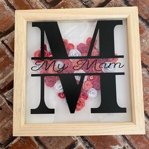 May include: A framed picture with a black letter "M" and the words "My Mom" in a white font. The letter "M" is filled with pink and white paper flowers in the shape of a heart.