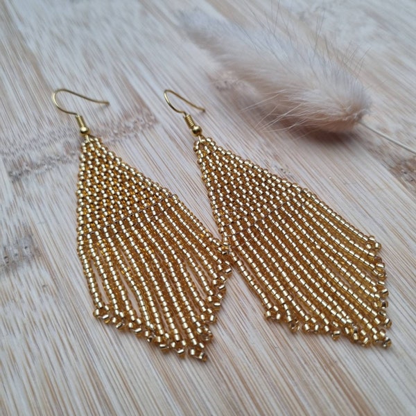 Golden seed bead fringe earrings, hanging earrings, statement earrings, boho earrings
