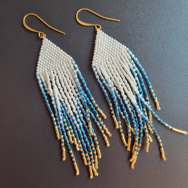 Miyuki fringe/hanging earrings in blue tones, crystal ivory & gold, elegant earrings/ glamor earrings/ for her/ boho jewelry