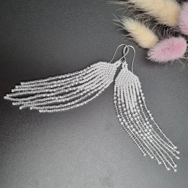 Fringe/hanging earrings Miyuki rocaille beads in Ceylon white & transparent, elegant earrings/bridal earrings/for her/boho jewelry