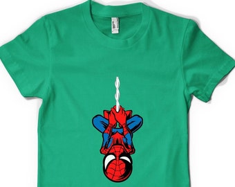 Free Personalisation Marvellous Hanging Spiderman Superhero Web Parker Birthday Gift Unisex Adult and Kids T Shirt UK Sizes
