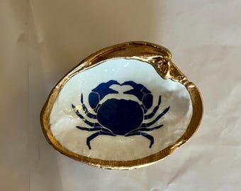 Crab Clam Shell Trinket Dish: Gold Trim Shell Art