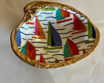 Sail boat Clam Shell Trinket Dish: Gold Trim Shell Art