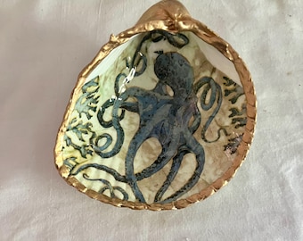 Octopus Scallop Shell Trinket Dish: Hand-Painted Octopus Decor