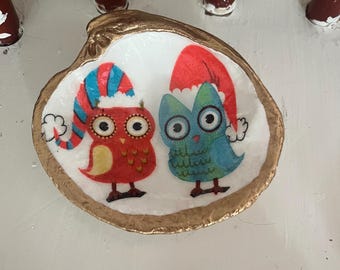 Christmas Owl Decoupage Clam Shell Trinket Dish