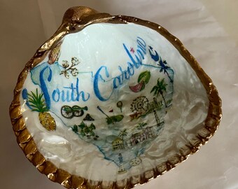 South Carolina Scallop Shell Trinket Dish: Gold Trim Shell Art