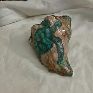 Sea Turtle Decoupage Whelk Shell: Ocean Art Paperweight