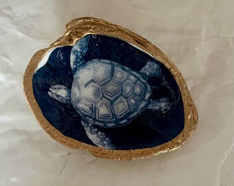Sea Turtle Trinket Dish: Decoupage Clam Shell with Gold Trim