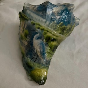 Egret Decoupage Whelk Shell: Coastal Ocean Art, Beach Decor (7-7.5&quot;)
