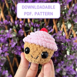 May include: A crocheted cupcake amigurumi toy with pink icing and a red cherry on top. The cupcake has a brown base and a smiling face with black eyes.