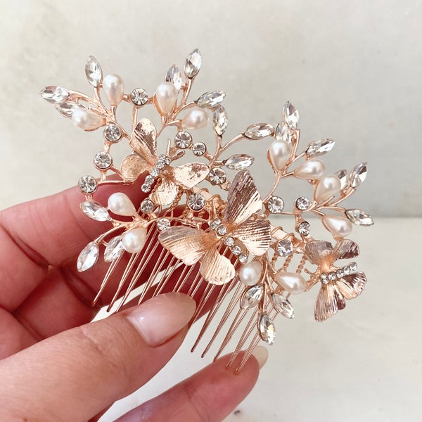Bridal Rose Gold & Crystal Pearl Butterfly Hair Comb / Spring / Zirconi / Garden Wedding / Hair Tip / Hair Accessory / Unique Hair Piece /