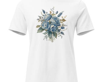 Camiseta blanca con estampado floral azul vintage para mujer