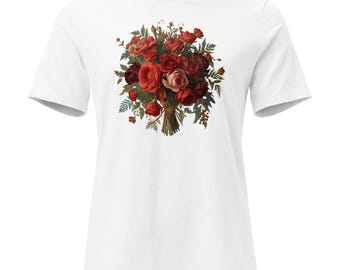 Camiseta blanca vintage roja con estampado floral para mujer
