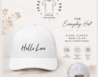 Gorra de camionero minimalista “Hello Love” / Gorra snapback de malla blanca / Gorra con bordado estético / Bonita gorra de béisbol neutra para el día a día