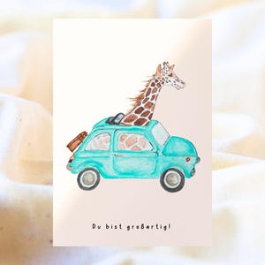 Karte Giraffe im alten Käferautooldtimer Geburtskarte/Liebe/Geburtstag/lustige Karte