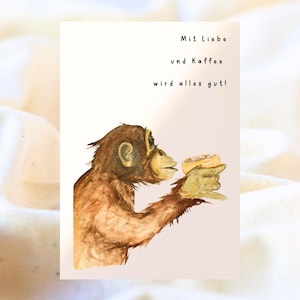 Karte Affe mit Kaffee lustige Karte/Liebe/Frühstück/Einladung