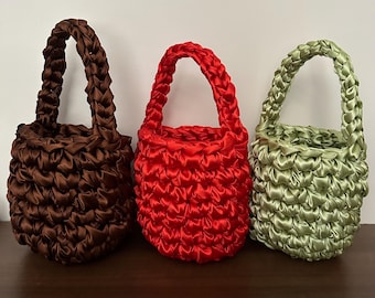 Handmade Ribbon Bag | Small Satin Clutch with Short Handles