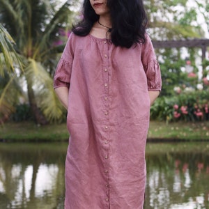 Raglan sleeves ruffle linen dress, long shirt dress, long sleeved dress, custom dress, every day dress, dress for girl, dress plus size