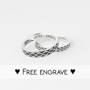 DNA Pattern Couple Rings: 925 Sterling Silver Matching Bands Set with Handwriting Engraving