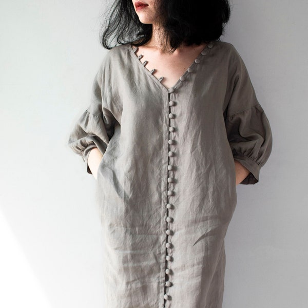 Fabric button V neck linen dress, button down dress, casual linen dress, linen dress with pockets, linen dress with button