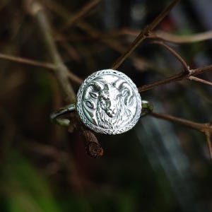 Könnte beinhalten: Ein silberner Ring mit einem detaillierten Widderkopf-Design. Der Ring hat einen kreisförmigen Kopf mit einem Widderkopf, umgeben von einem verzierten Rand. Der Ring ist vor einem verschwommenen natürlichen Hintergrund platziert, der die Details des Schmucks hervorhebt.