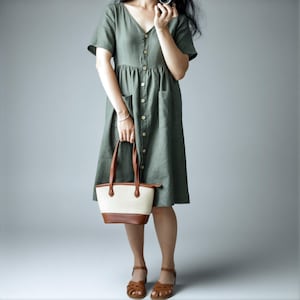 Green V-Neck Button Down Midi with Square Pockets, Custom Size Utility Work, Minimalist Summer
