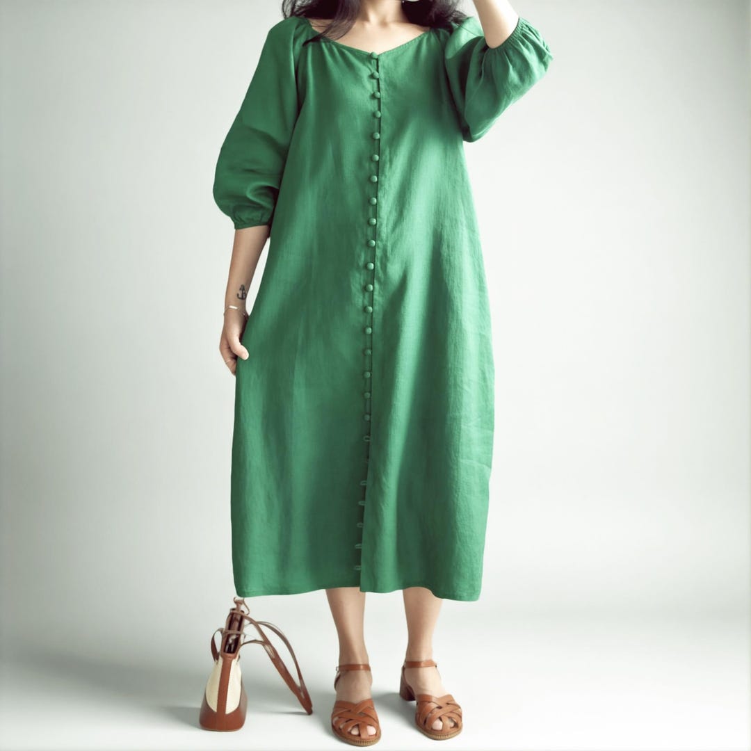 green linen puff sleeve dress KAILANI WOVEN LINEN PUFF SLEEVE DRESS – Velvet by Graham & Spencer main image 1
