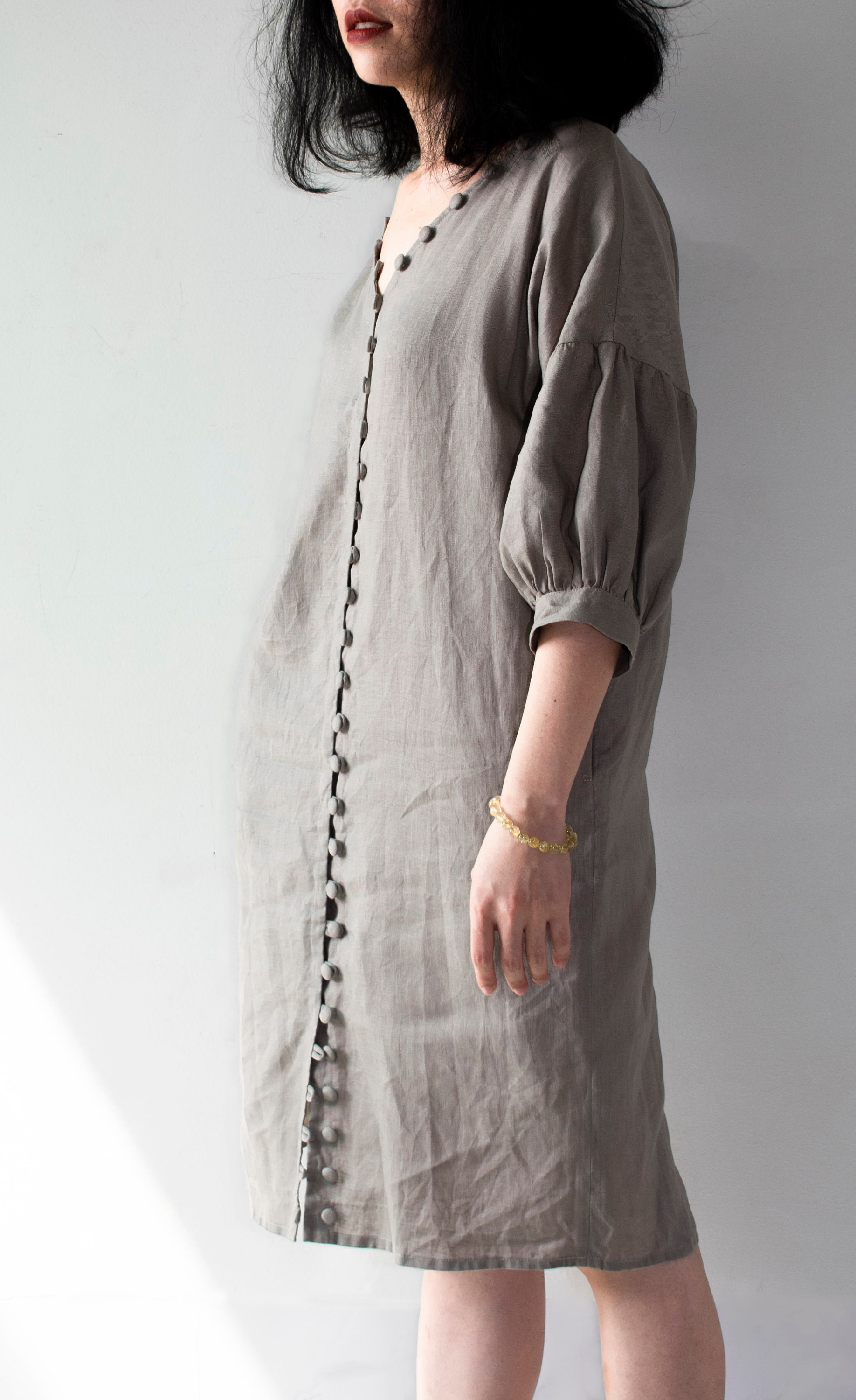 V Neck Linen Dress, Button Down Dress, Linen Dress Women, Casual Linen