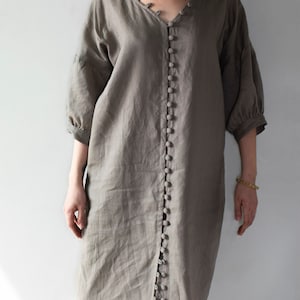 Fabric button V neck linen dress, button down dress, casual linen dress, linen dress with pockets, linen dress with button image 3