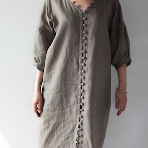 V neck linen dress, button down dress, linen dress women, casual linen dress, linen dress with pockets, linen dress with buttons zdjęcie 3