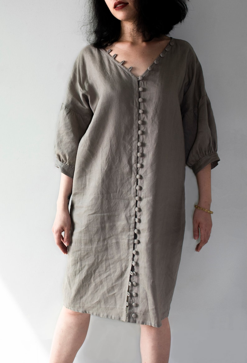 Fabric button V neck linen dress, button down dress, casual linen dress, linen dress with pockets, linen dress with button image 3