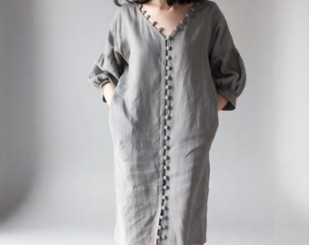 Linen V-Neck Dress with Fabric Buttons – Handmade Loose Fit, Custom Size Minimalist Outfit Women