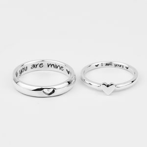 Klassieke hartbijpassende ringen voor koppels in 925 sterlingzilver – You Are Mine & I Am Yours gravure, minimalistische liefdesringen met aangepast hart
