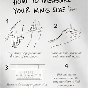 May include: A white graphic with instructions on how to measure ring size at home. The steps include wrapping a string around the finger, marking the point, measuring with a ruler in millimeters, and using a ring size chart.