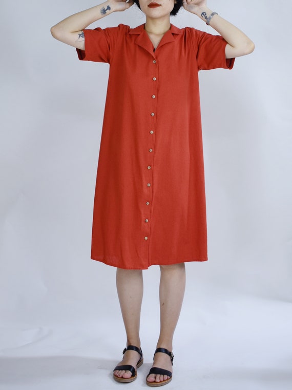 Danton Neck Linen Dress, Button Down Plus Size Clothing 