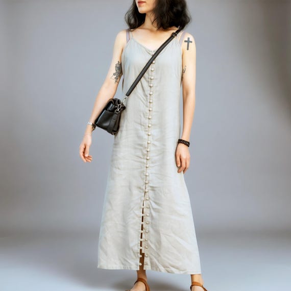 chinese dress ladies Linen-Lyocell V-Neck Sleeveless Maxi Dress Willow, Charcoal Black / L