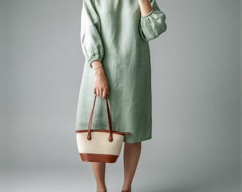 Hand-Braided Neckline Mint Green Linen Midi Dress, Puff Sleeve Boho Sundress, Custom Size Clothing