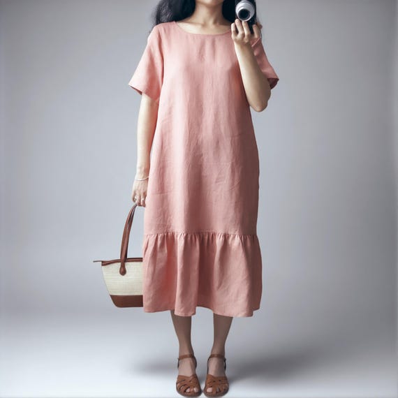 Peach Linen Shift Dress, Ruffle Hem Midi, Plus Size Clothing, Minimalist Boho, Maternity Friendly Peach Linen Shift Dress, Ruffle Hem Midi, Plus Size Clothing, Minimalist Boho, Maternity Friendly