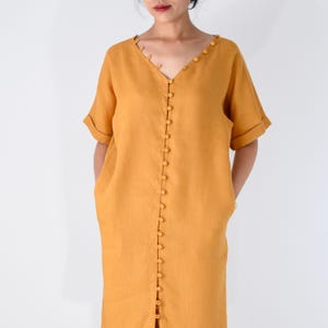 V-Neck Linen Dress with Fabric Buttons, Button Front, Rolled Cuffs & Side Pockets, Relaxed Natural Flax Summer Tunic Apparel Oversized.