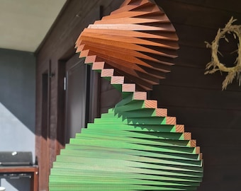 Wood Wind Spinner, Premium Quality Wooden Kinetic Garden Decor, Sustainable Hanging Windmill Art for Outdoors, Forest Green & Brown Spirale