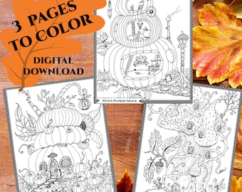 Fall/Autumn Adult Coloring Pages, Set of 3 HAND DRAWN: Pumpkin and Mushroom House Fantasy Art Mystical Lands by Karen E. Myers, PDFs, No AI