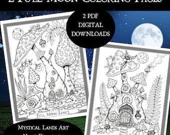 Set of 2 Printable Coloring Pages for Adults, Full Moon Hand Drawn, Magical Fantasy Digital Download PDF by Karen E. Myers for Relaxation