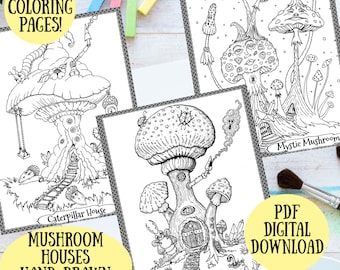 Adult Coloring Pages, Set of 3 HAND DRAWN: Mushroom Fairy Houses Fantasy Art Mystical Lands by Karen E. Myers, Three Printable Digital PDFs